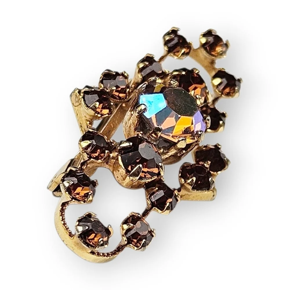 Vintage Austria Rhinestone Bar Brooch Aurora Borealis AB Brown Glass Gold Plated